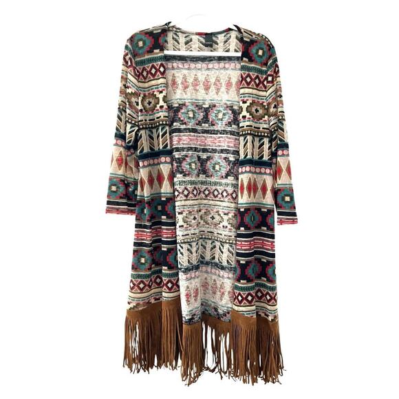 Honeyme Sweaters - Honeyme Aztec Duster Fringed Open Front Cardigan Anthropologie Large Western